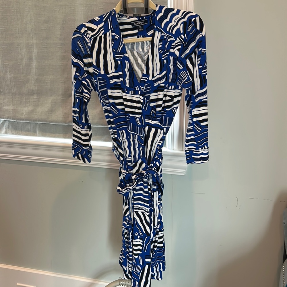 Land’s End jersey knit midi wrap dress, blue and black